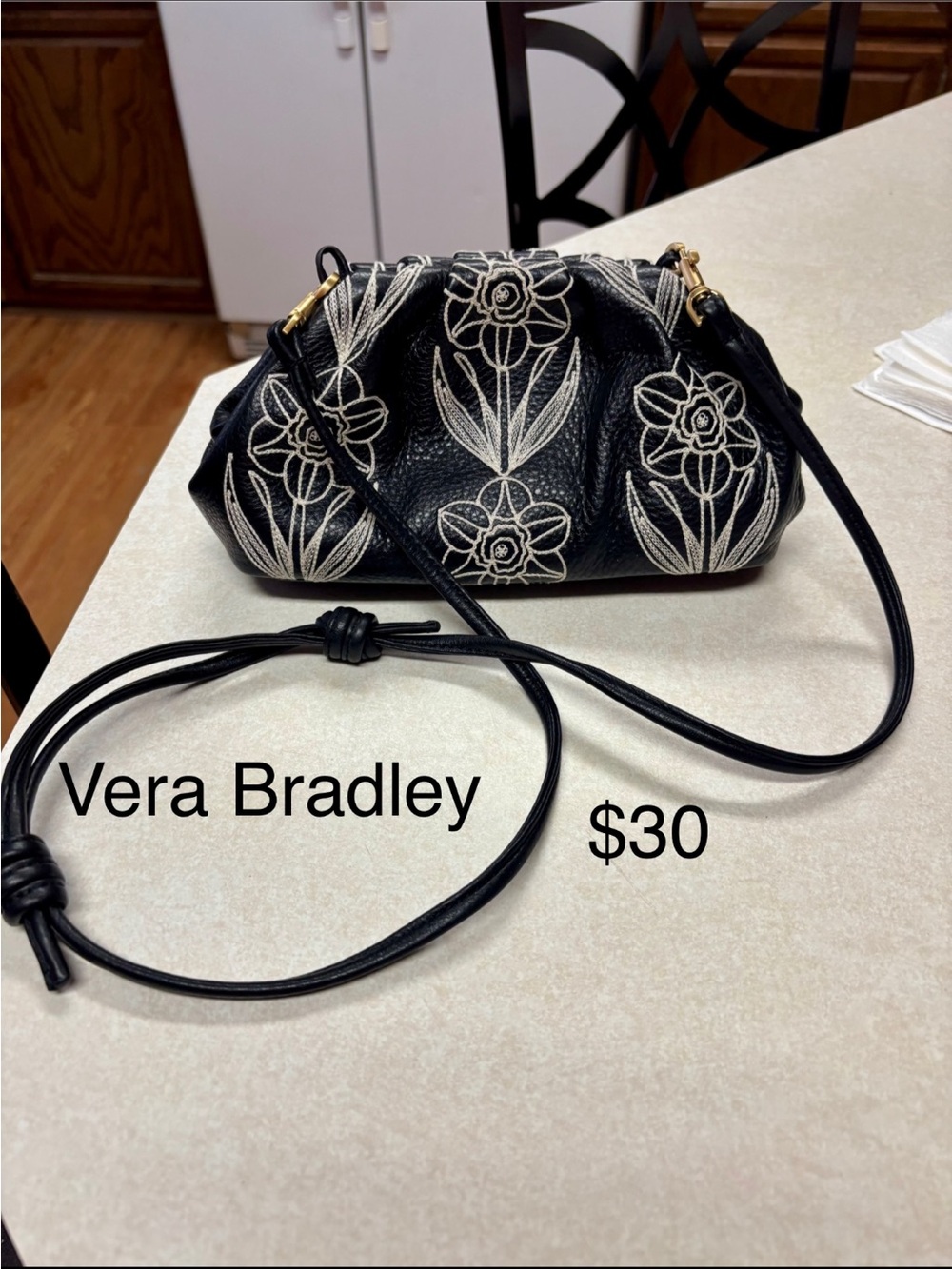 Vera Bradley Black Crossbody with White Floral Embroidery
